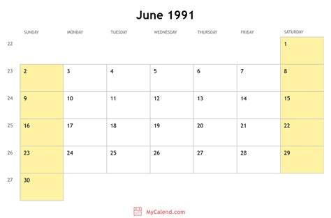 June 6 1991 Calendar